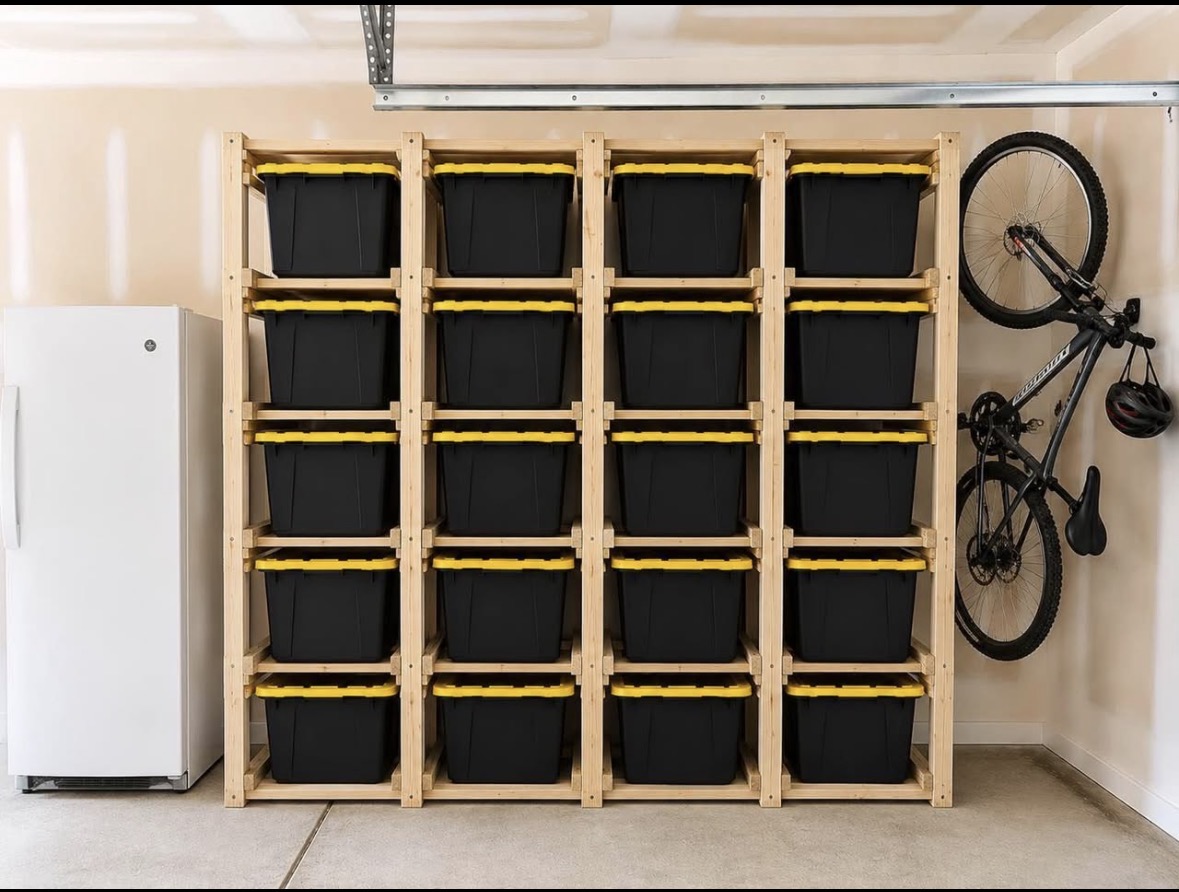 Completed Tote Wall with 20 black totes and yellow lids installed in a Cabarrus County garage
