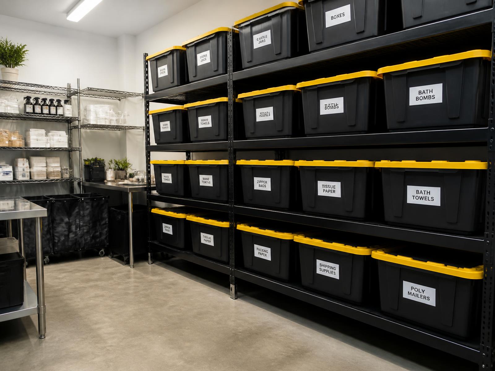 Business stockroom with labeled black totes with yellow lids on shelving, holding inventory and supplies