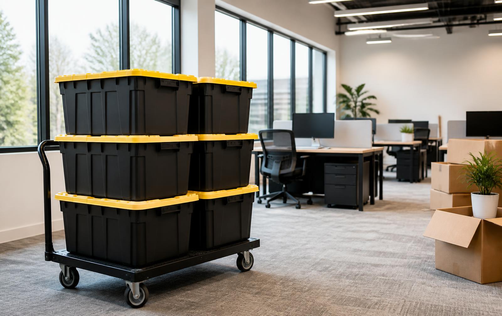 Black and yellow moving totes stacked on a rolling Tote Taxi cart in an office being relocated