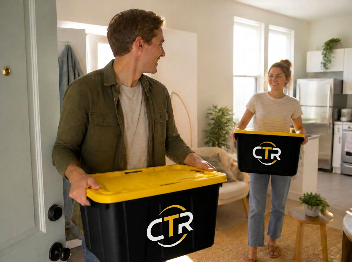 Couple carrying grey moving totes with yellow lids into a sunlit apartment