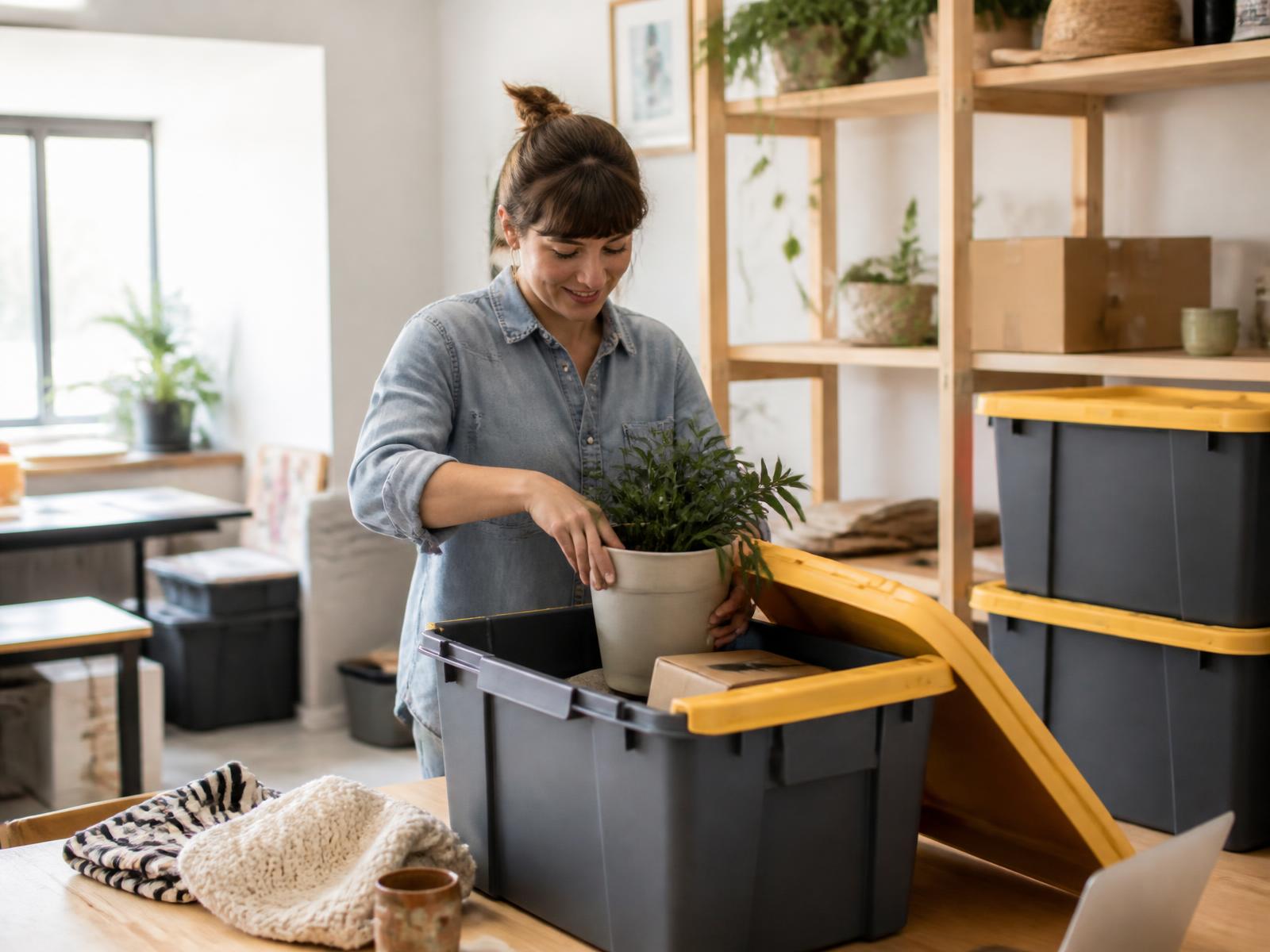 Small business owner packing inventory into grey moving totes with yellow lids in a bright workspace