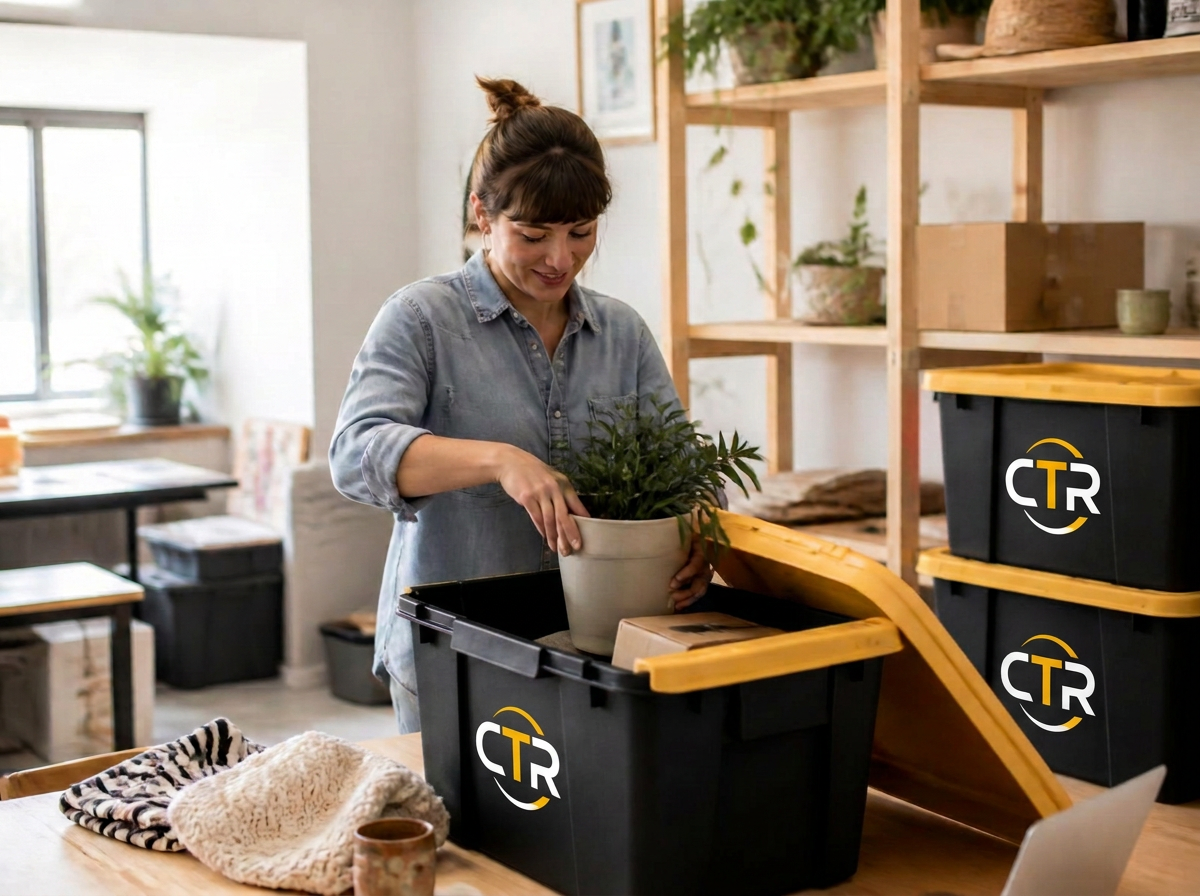 Small business owner packing inventory into grey moving totes with yellow lids in a bright workspace
