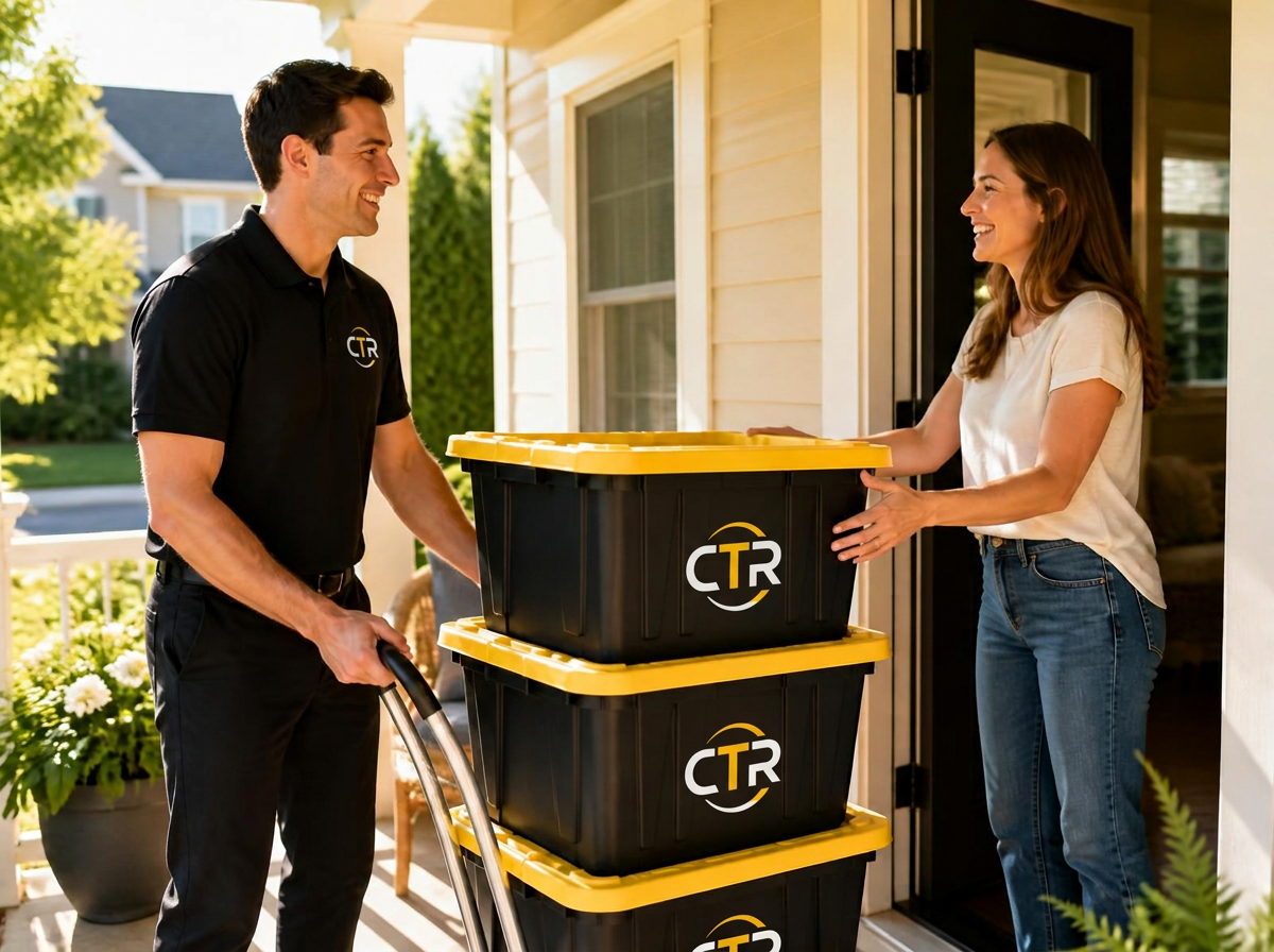 Friendly delivery on a sunny front porch, handing off stacked moving totes with yellow lids