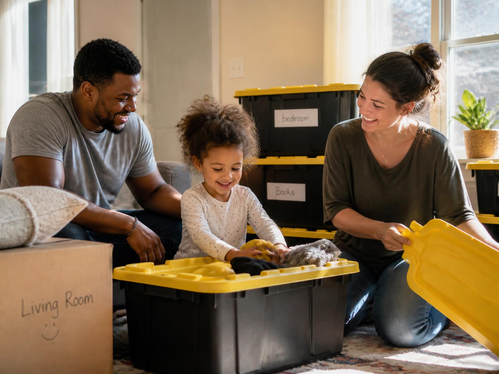 A family packing labeled moving totes with yellow lids together in a bright, sunlit living room