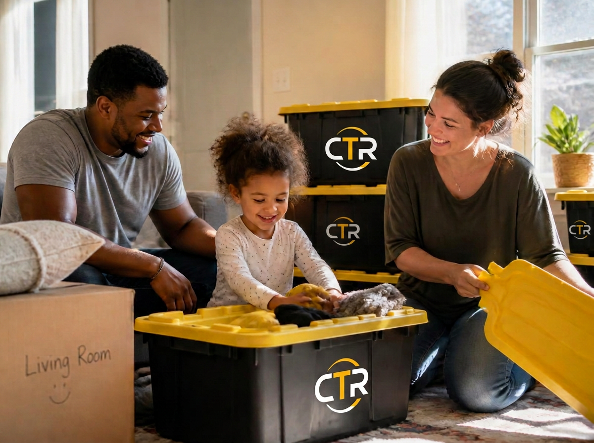 A family packing labeled moving totes with yellow lids together in a bright, sunlit living room
