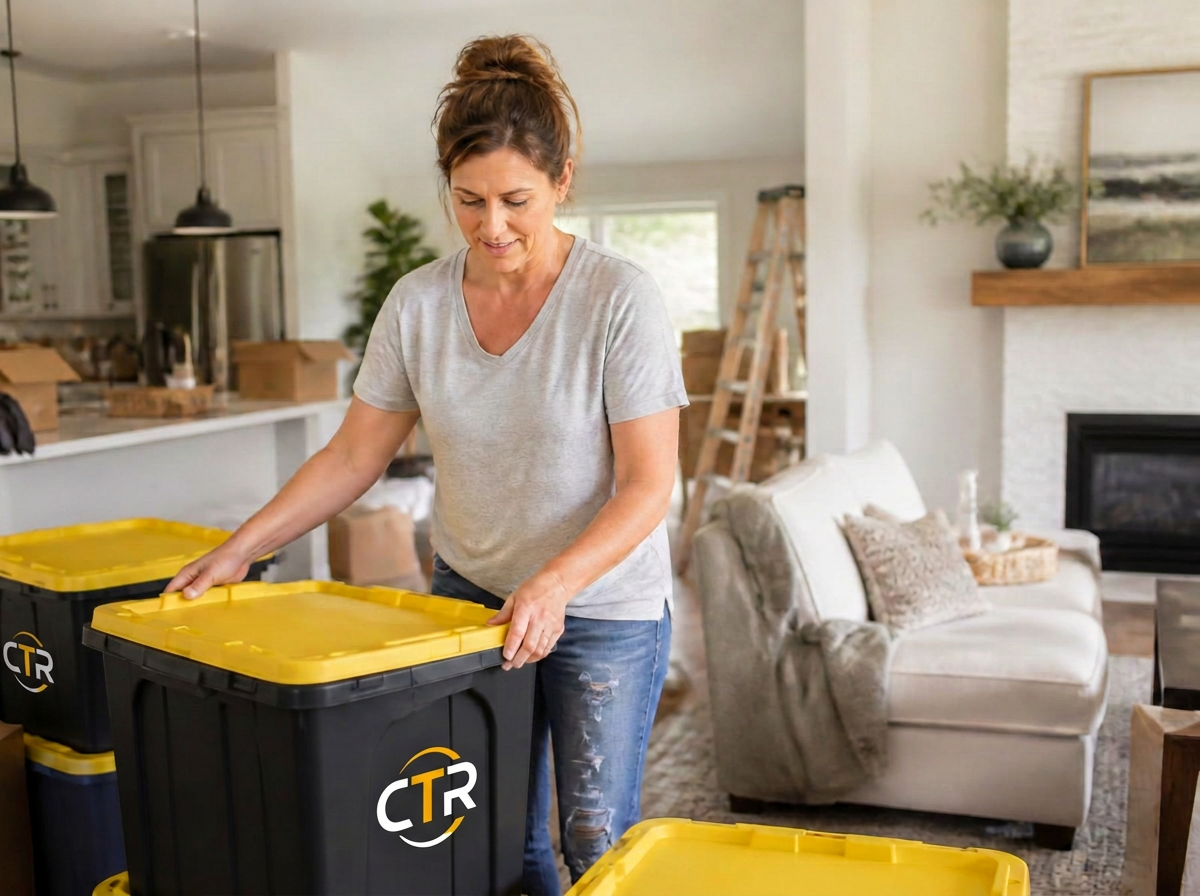 Homeowner packing grey moving totes with yellow lids in a bright open living room