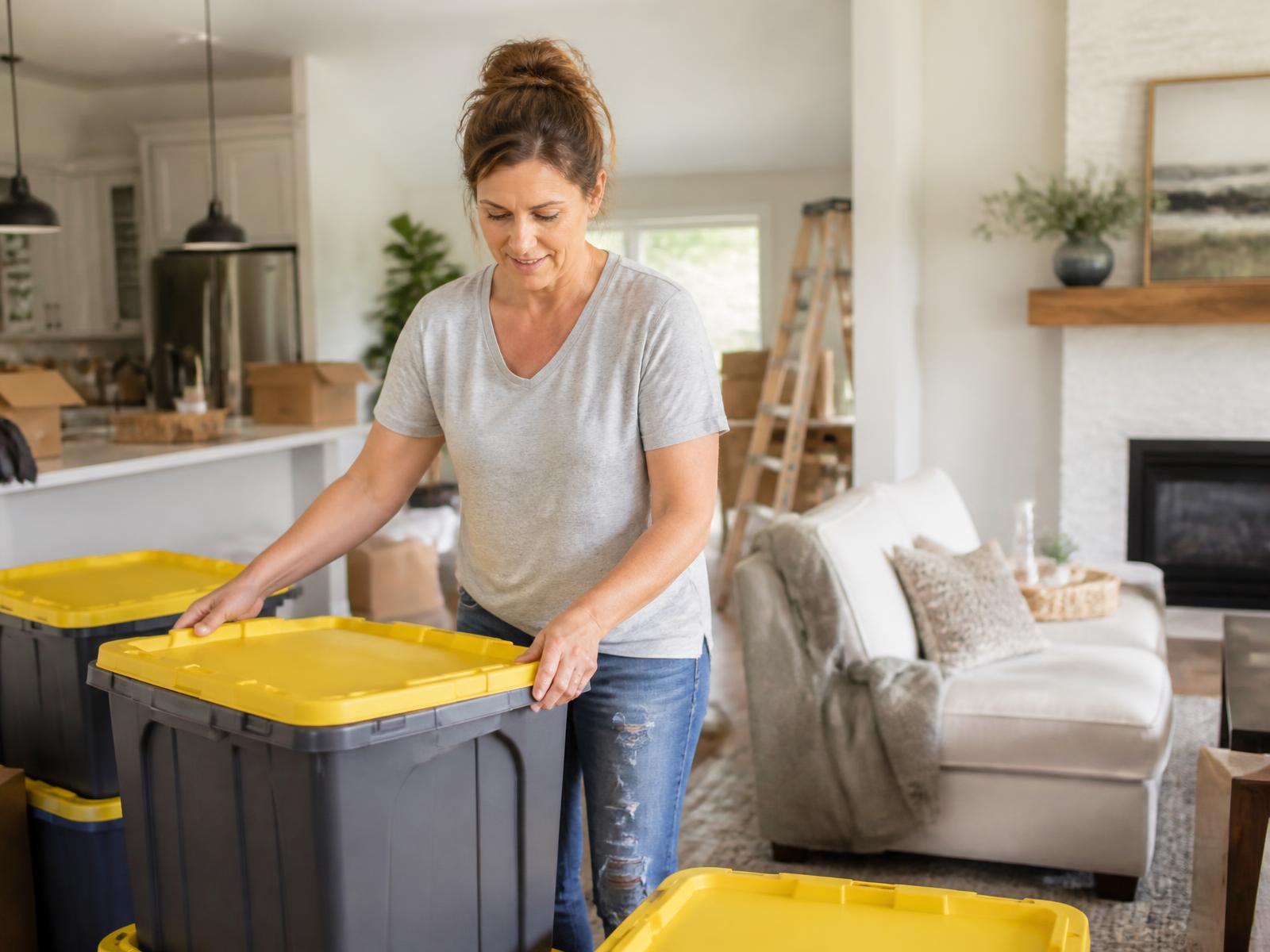 Homeowner packing grey moving totes with yellow lids in a bright open living room