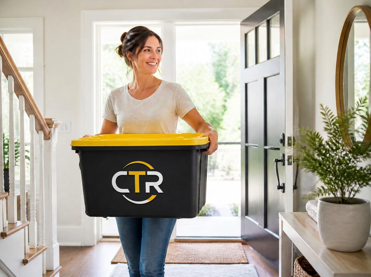 Woman carrying a moving tote through a bright, light-filled home entryway