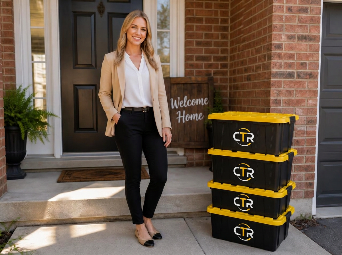Realtor standing at the front door of a brick home beside a 'Welcome Home' sign and a stack of clean moving totes