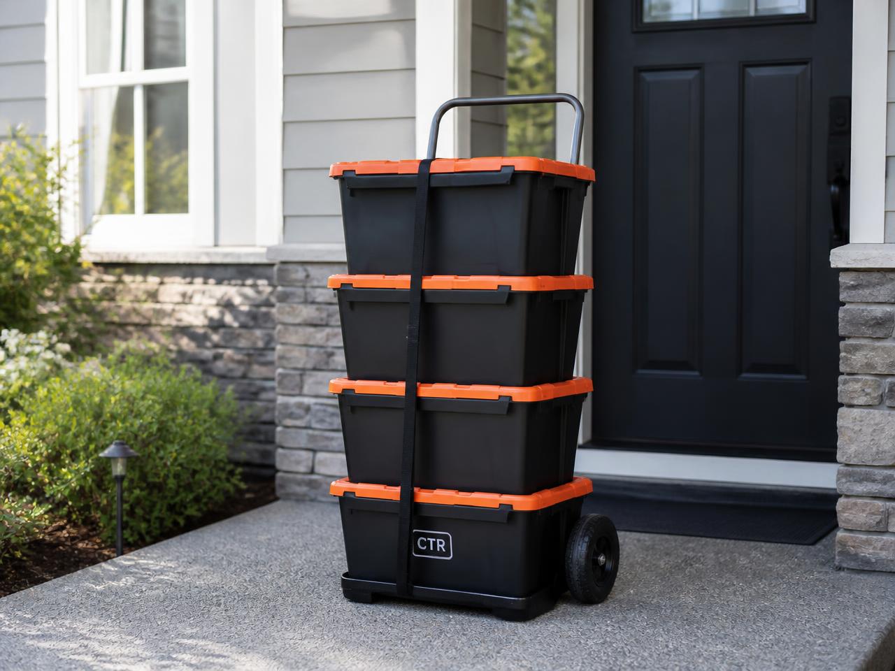 Four CTR-branded moving totes strapped to a hand dolly at a client's front door