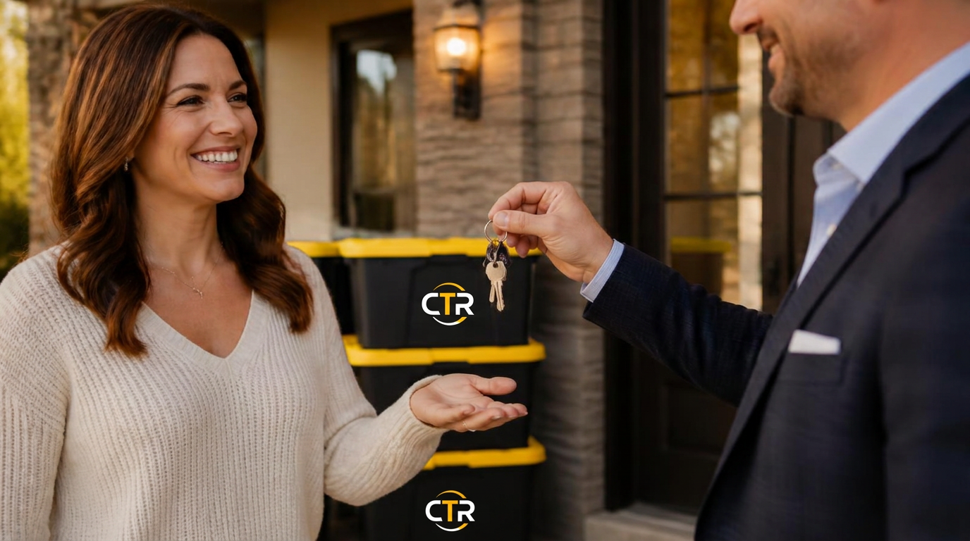 Real estate agent handing house keys to a new homeowner with CTR-branded moving totes stacked nearby