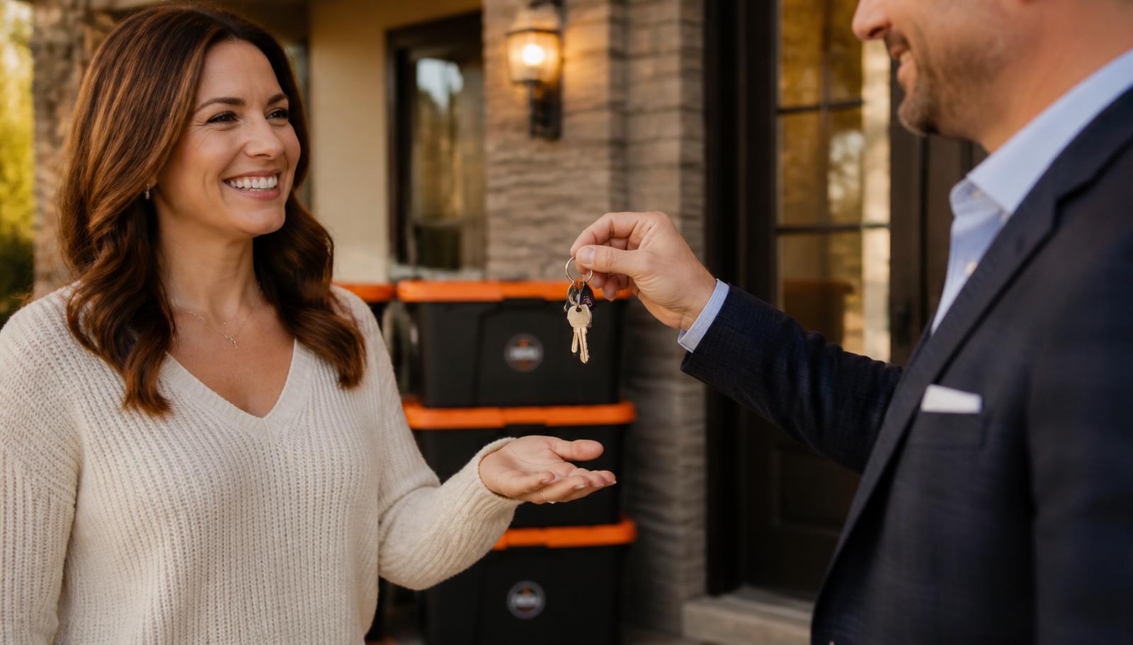 Real estate agent handing house keys to a new homeowner with CTR-branded moving totes stacked nearby