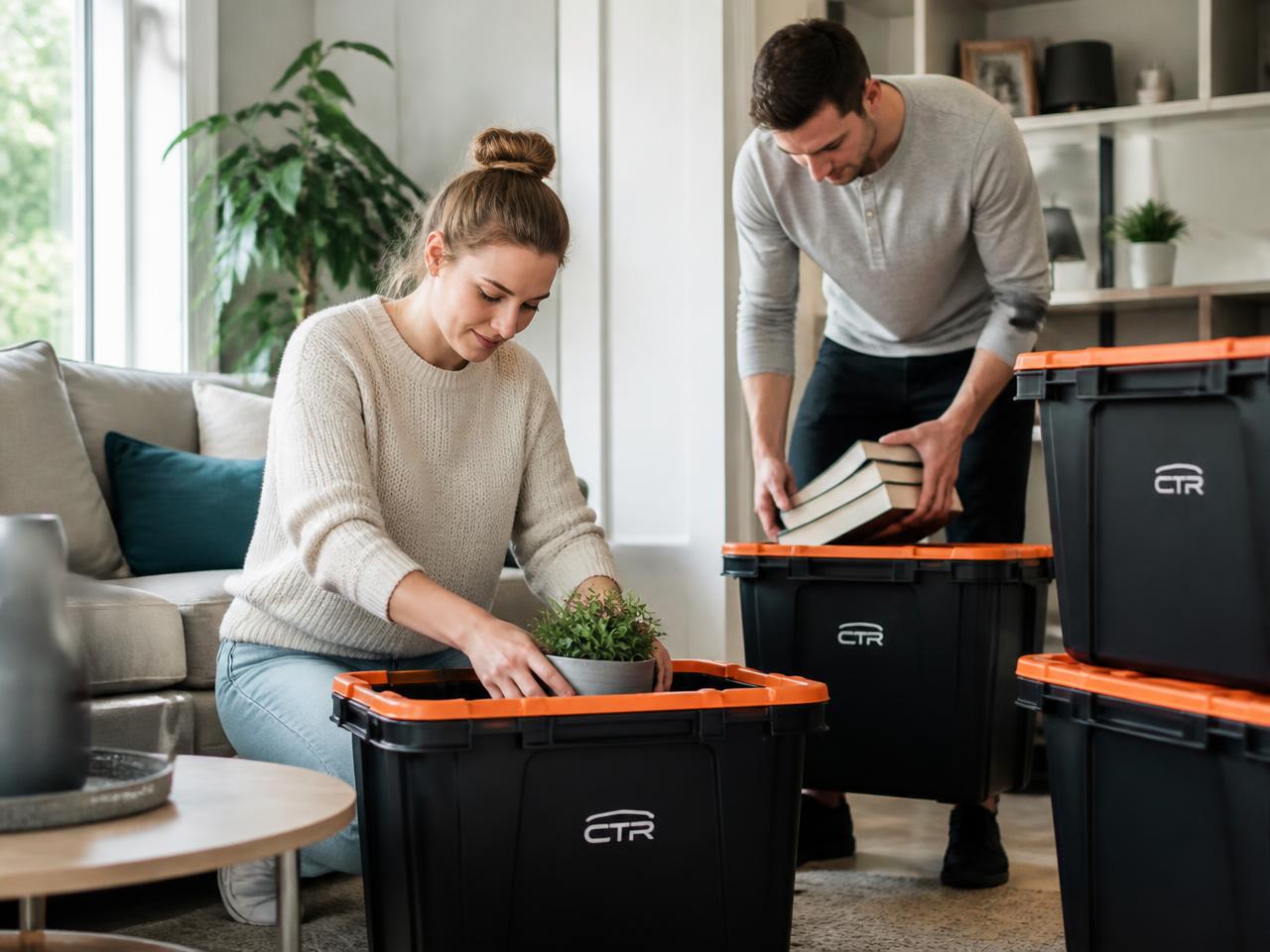 Homeowners packing books and household items into CTR-branded moving totes in a bright living room