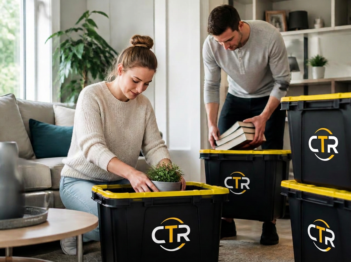 Homeowners packing books and household items into CTR-branded moving totes in a bright living room